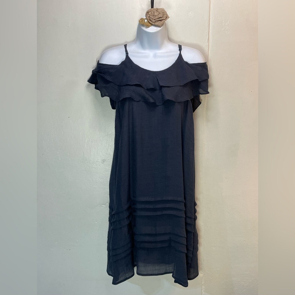 #0135 Wishlist Spaghetti Strap Oof the Shoulder Ruffle Sleeve Shift Dress-S